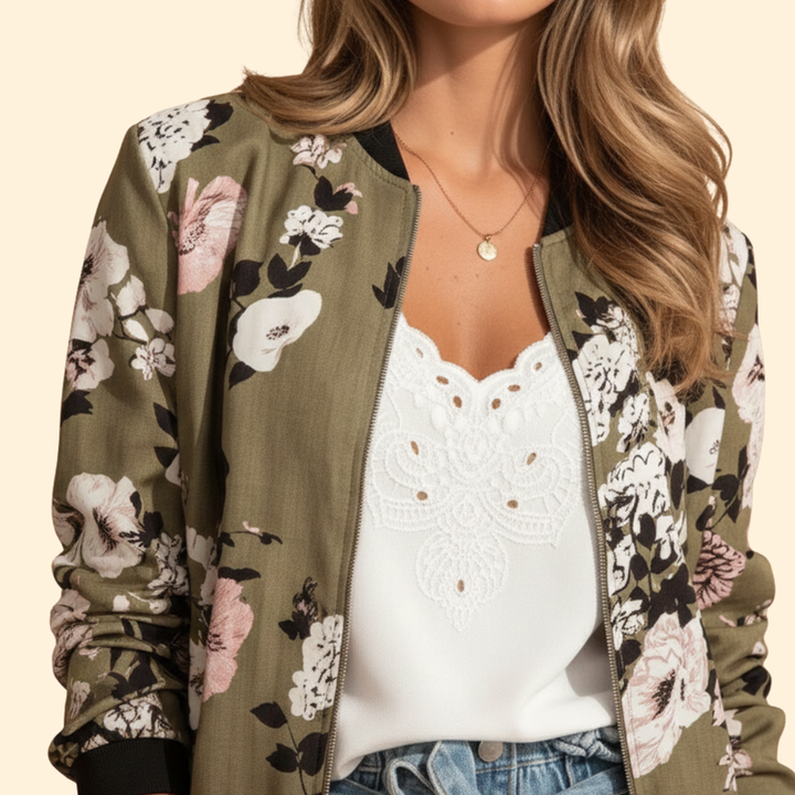 Women’s Floral Bomber Jacket with Front Pockets