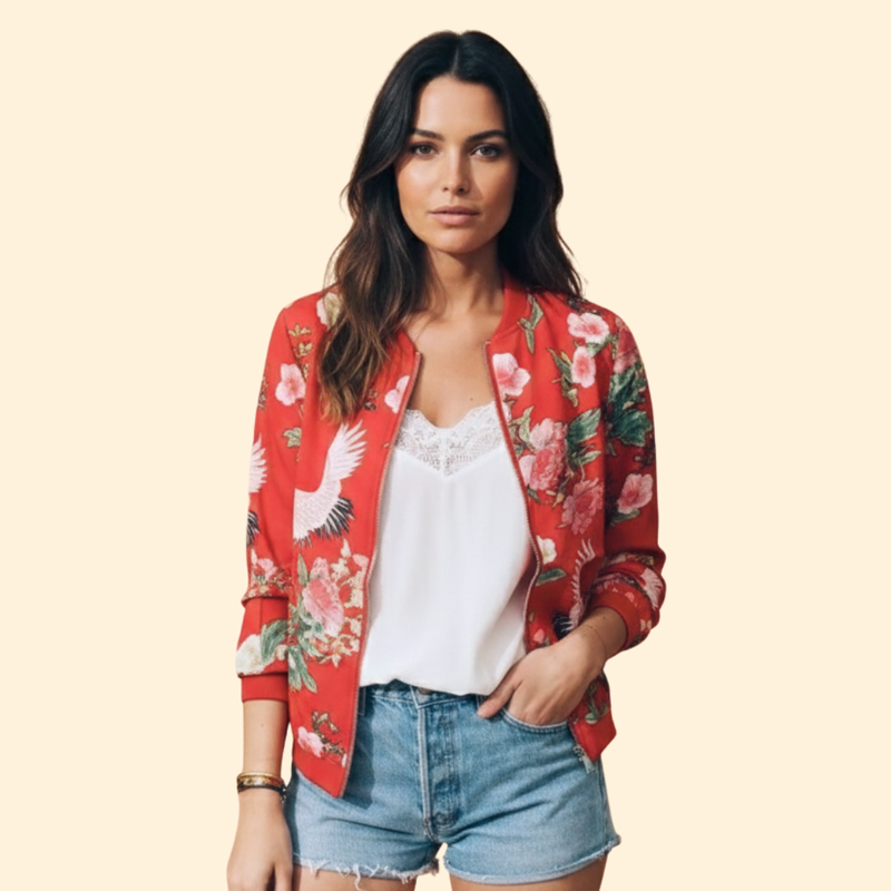 Women’s Floral Bomber Jacket with Front Pockets