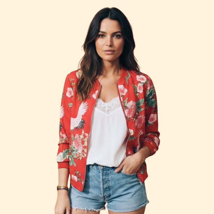 Women’s Floral Bomber Jacket with Front Pockets