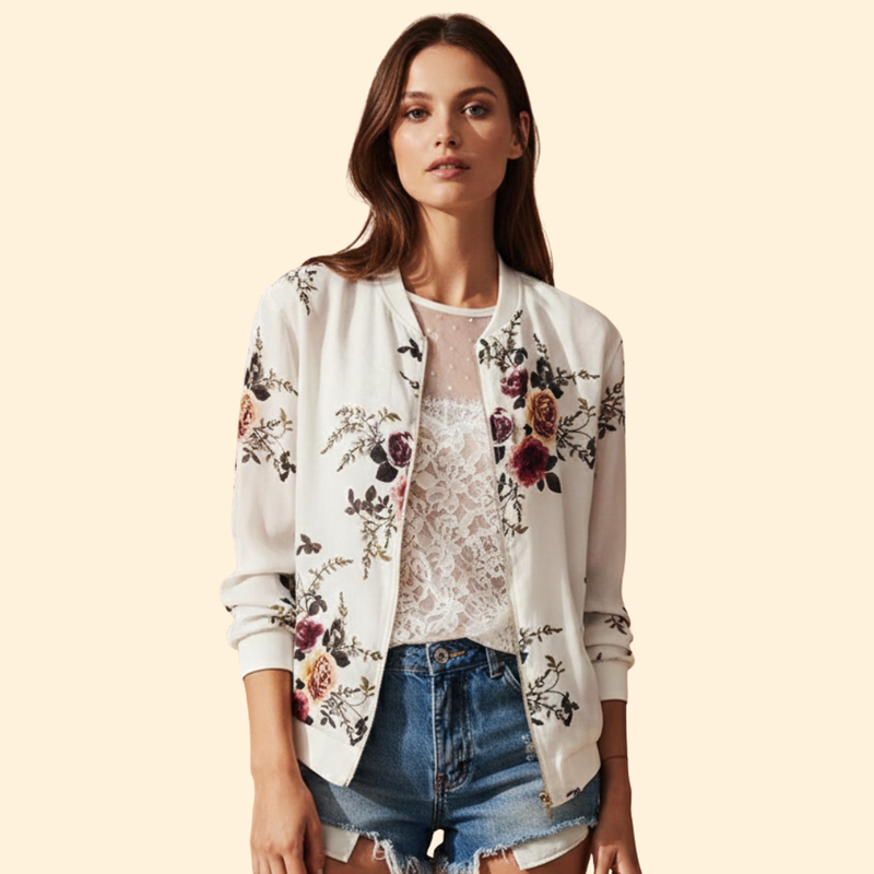 Women’s Floral Bomber Jacket with Front Pockets