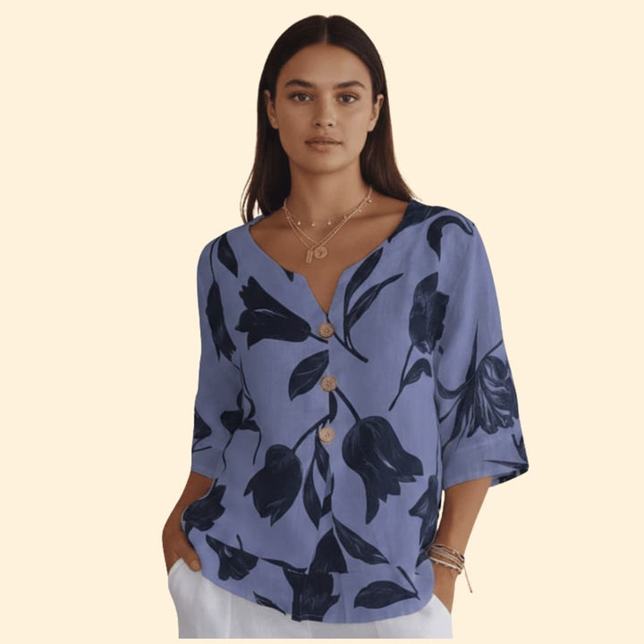 Women’s Floral Button-up Blouse with V-neck Design
