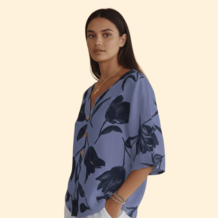 Women’s Floral Button-up Blouse with V-neck Design