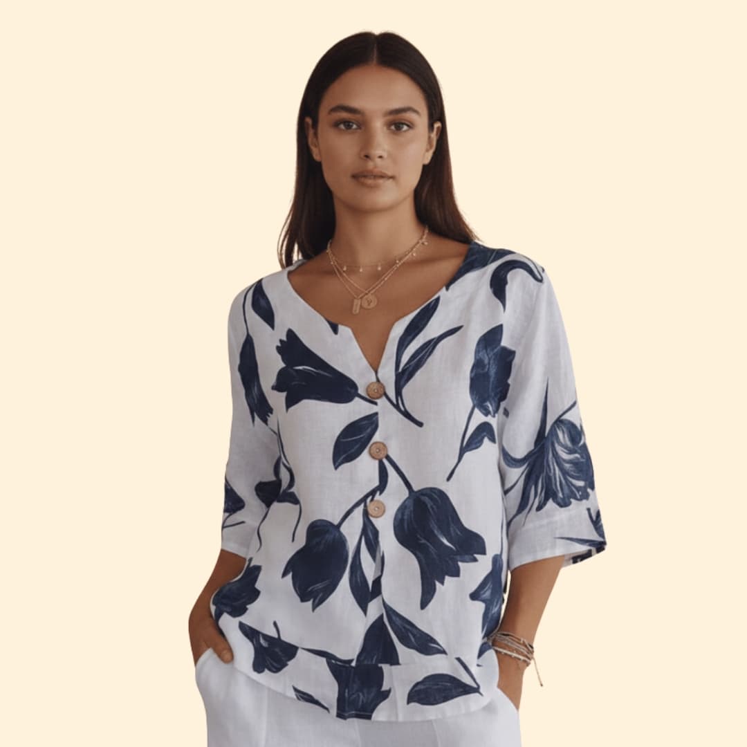 Women’s Floral Button-up Blouse with V-neck Design