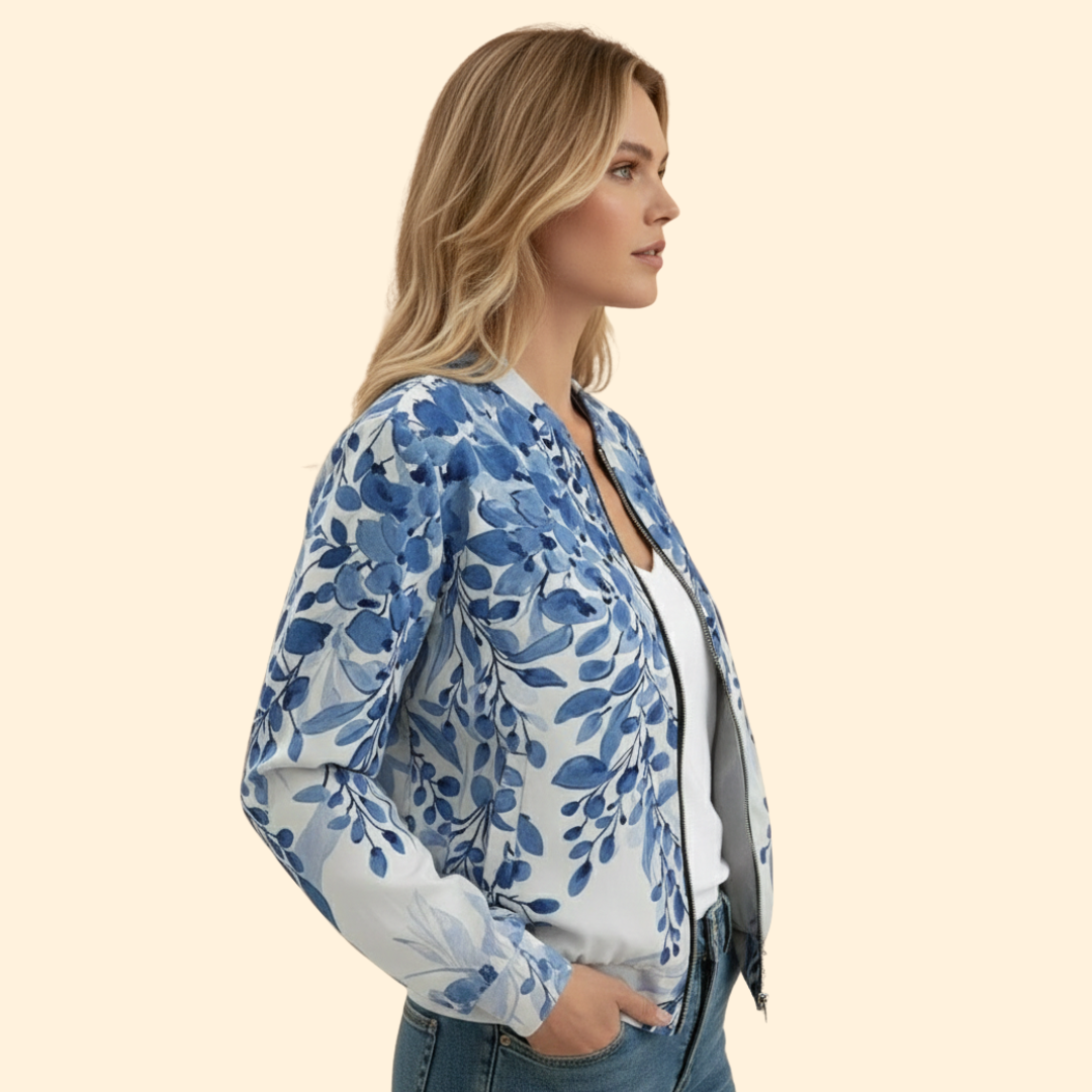 Women’s Bomber Jacket with Blue Floral Print