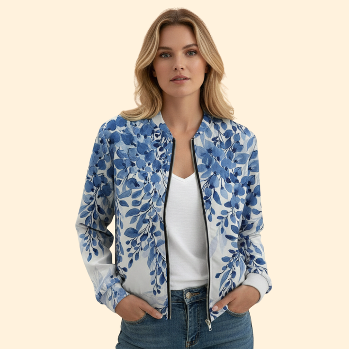 Women’s Bomber Jacket with Blue Floral Print