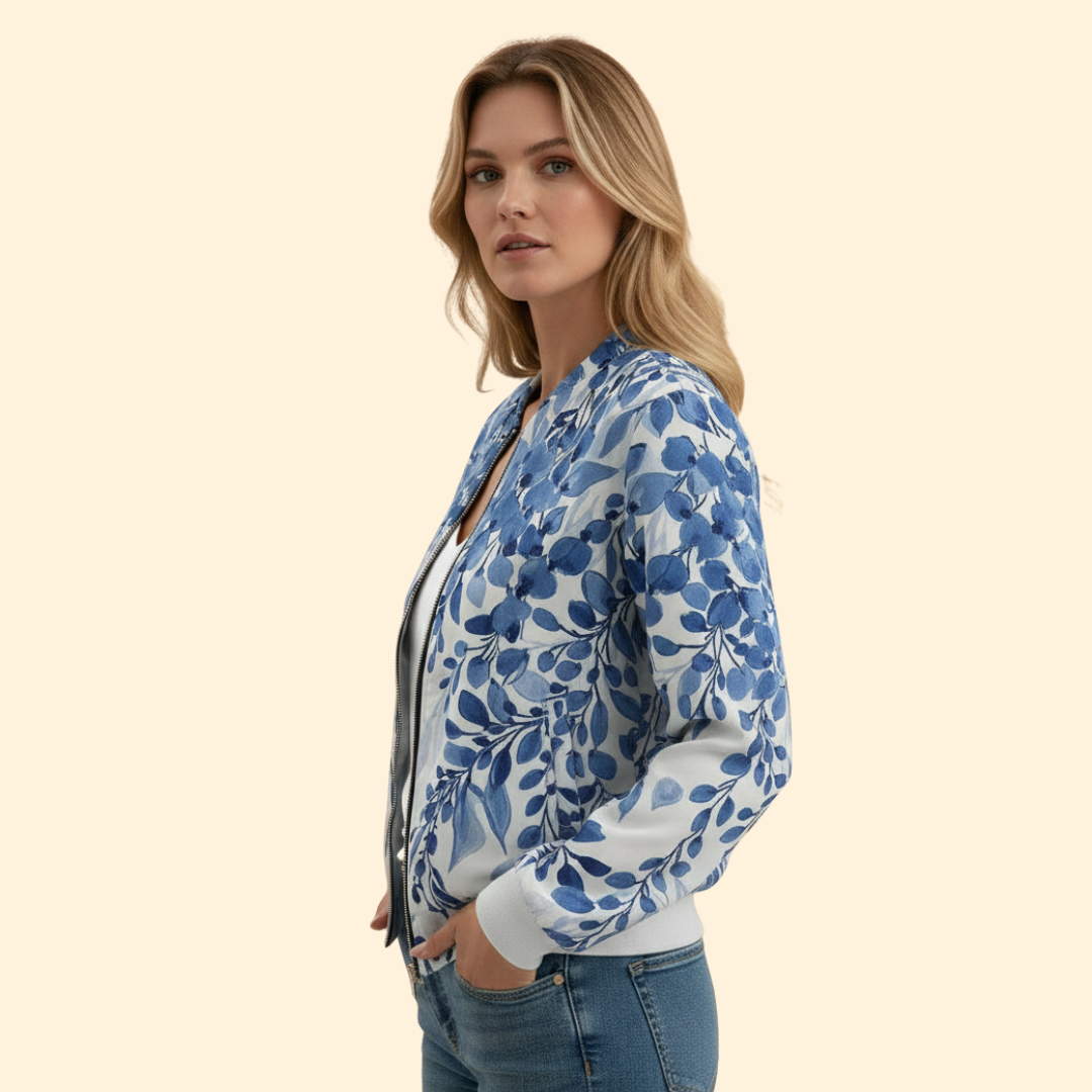 Women’s Bomber Jacket with Blue Floral Print