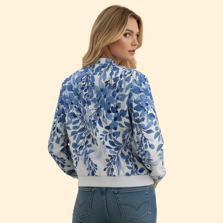 Women’s Bomber Jacket with Blue Floral Print