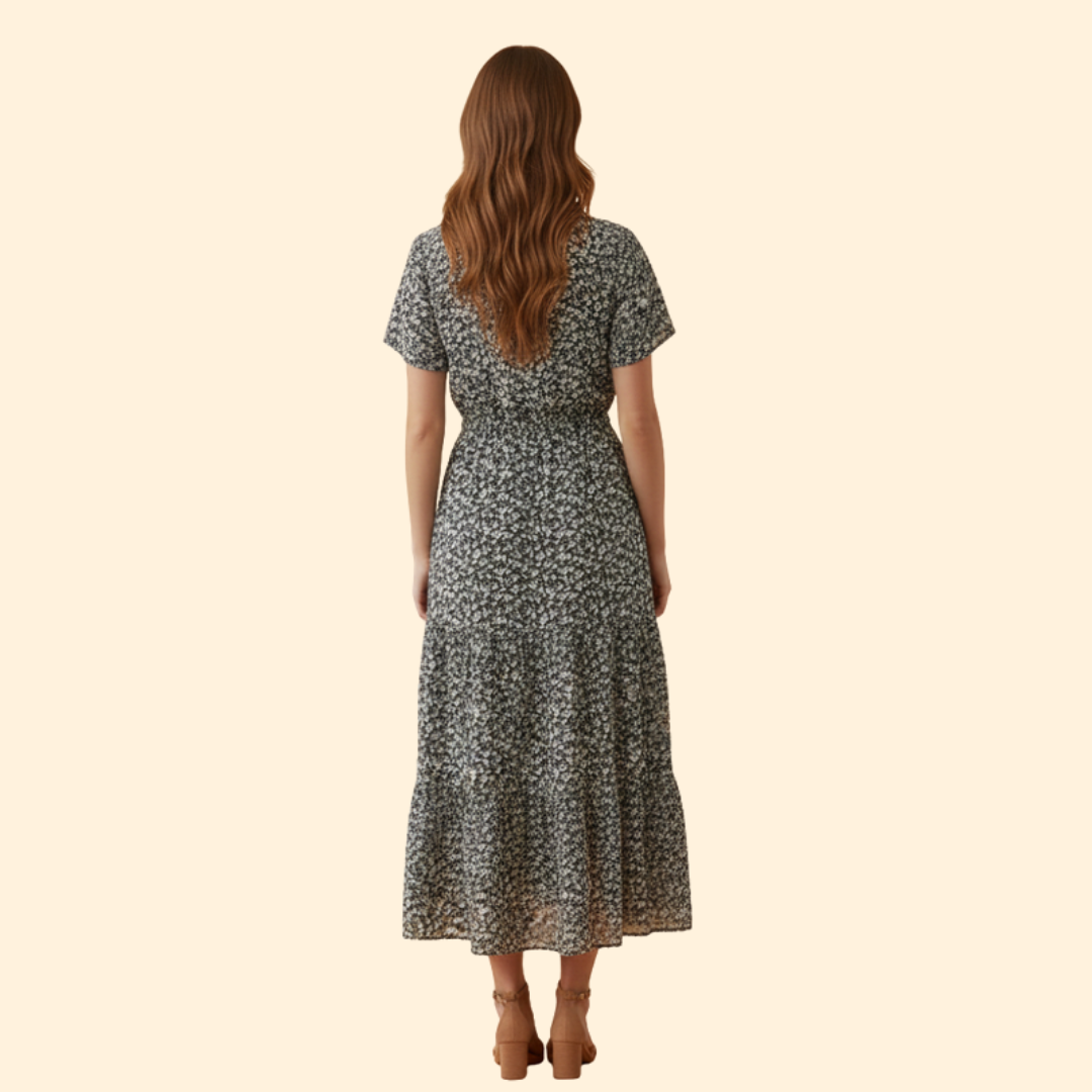Summer Maxi Dress with V-Neck and Drawstring