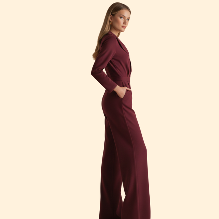 Women’s Long-Sleeve Jumpsuit with Collar and Wide Legs