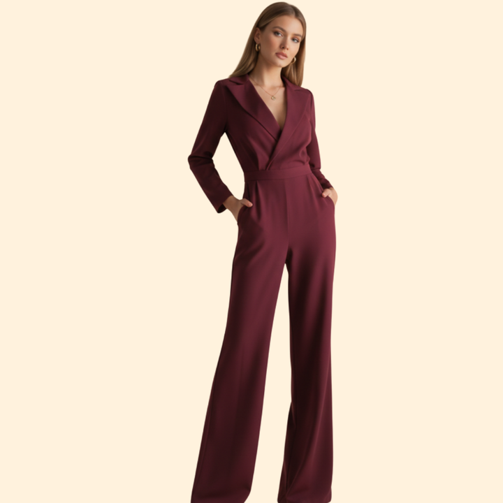 Women’s Long-Sleeve Jumpsuit with Collar and Wide Legs