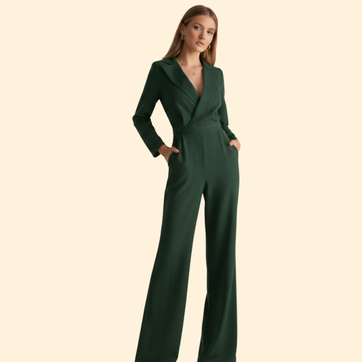 Women’s Long-Sleeve Jumpsuit with Collar and Wide Legs