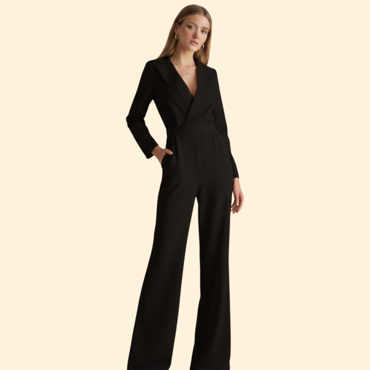 Women’s Long-Sleeve Jumpsuit with Collar and Wide Legs