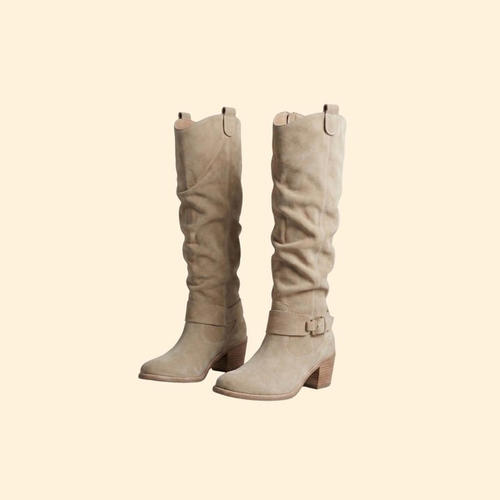 Women’s Perforated Knee-High Boots with Buckle