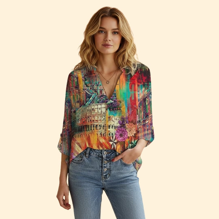 Women’s Printed Blouse with V-neck Design