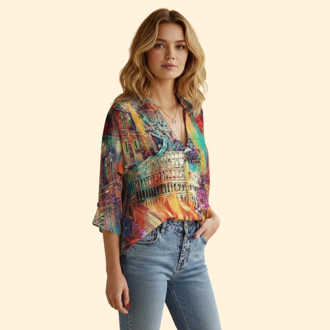 Women’s Printed Blouse with V-neck Design