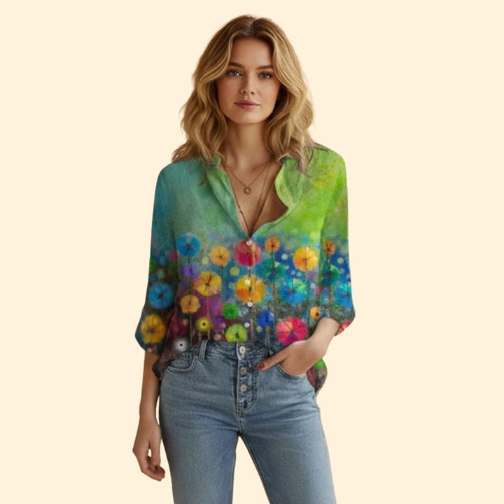 Women’s Printed Blouse with V-neck Design