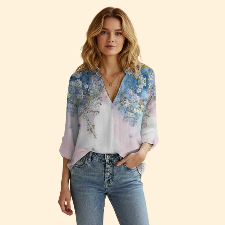 Women’s Printed Blouse with V-neck Design
