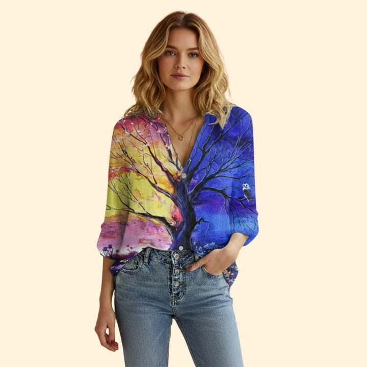 Women’s Printed Blouse with V-neck Design