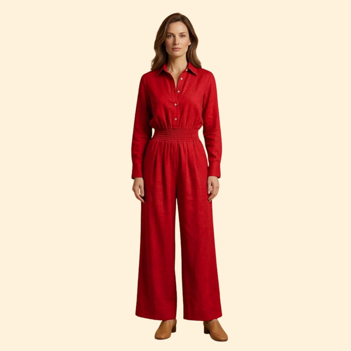 Women’s Shirt Collar Jumpsuit with Front Button Fastening