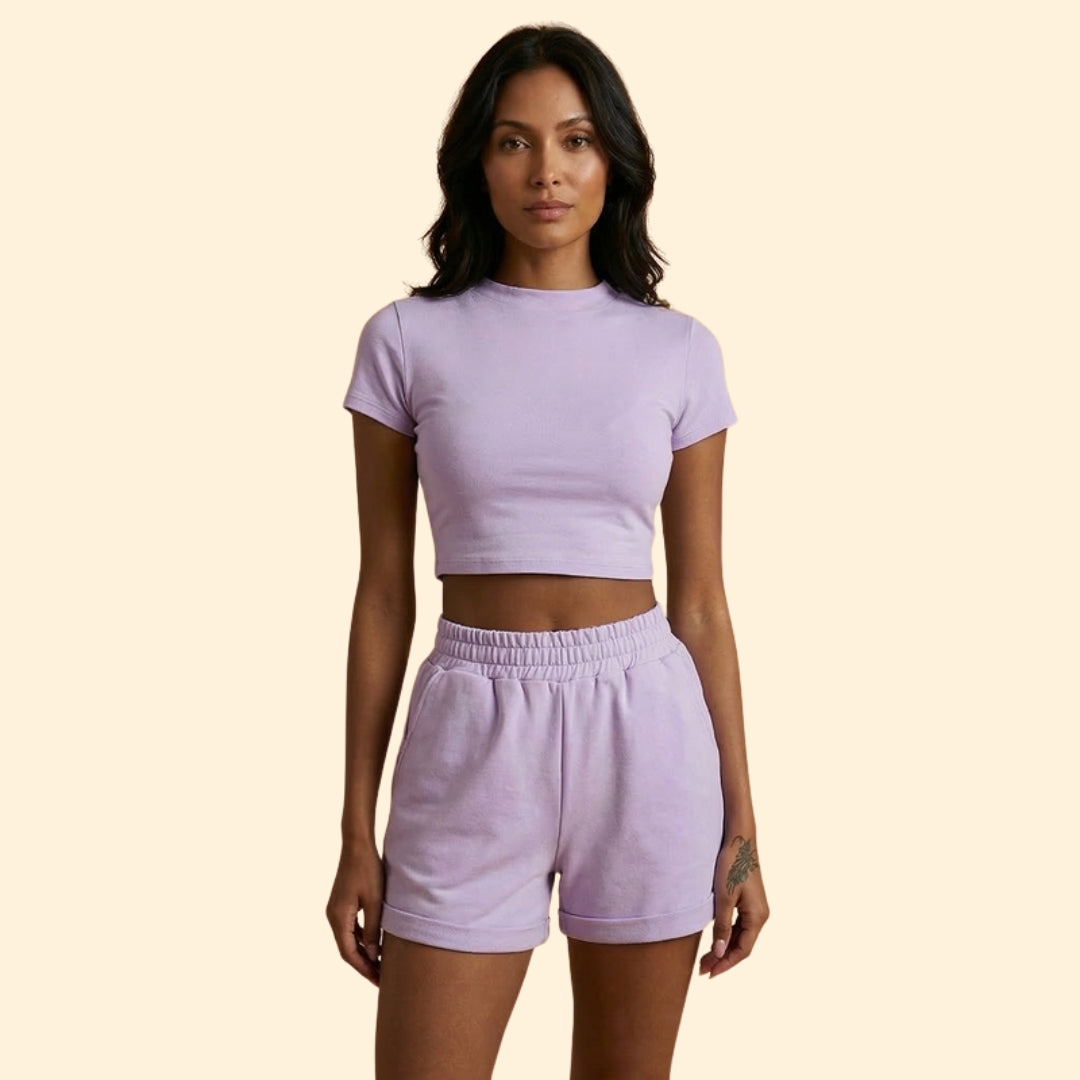 Women’s Short Sleeve Crop Top with Elastic Waist Shorts