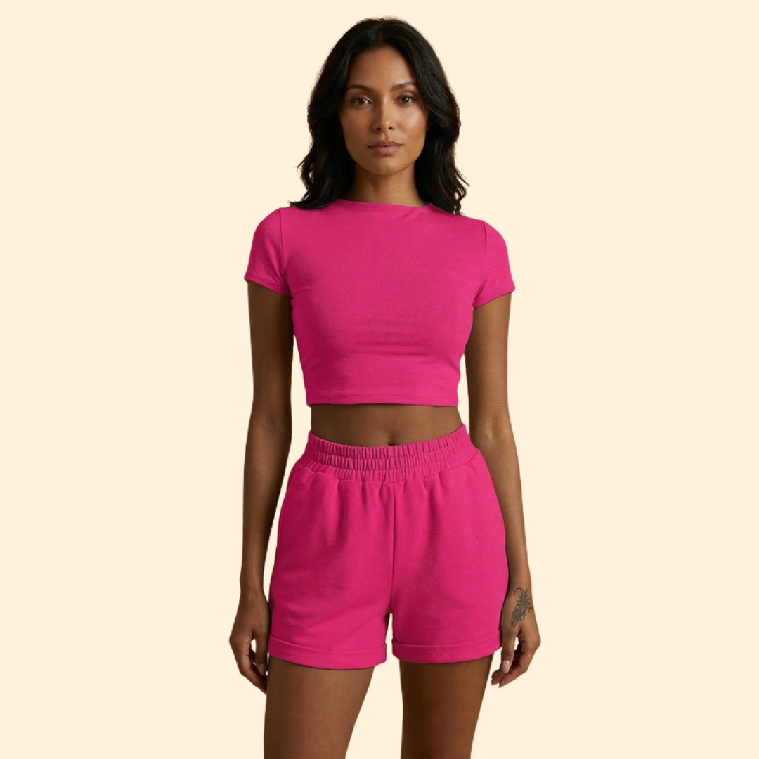 Women’s Short Sleeve Crop Top with Elastic Waist Shorts