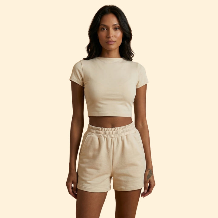Women’s Short Sleeve Crop Top with Elastic Waist Shorts