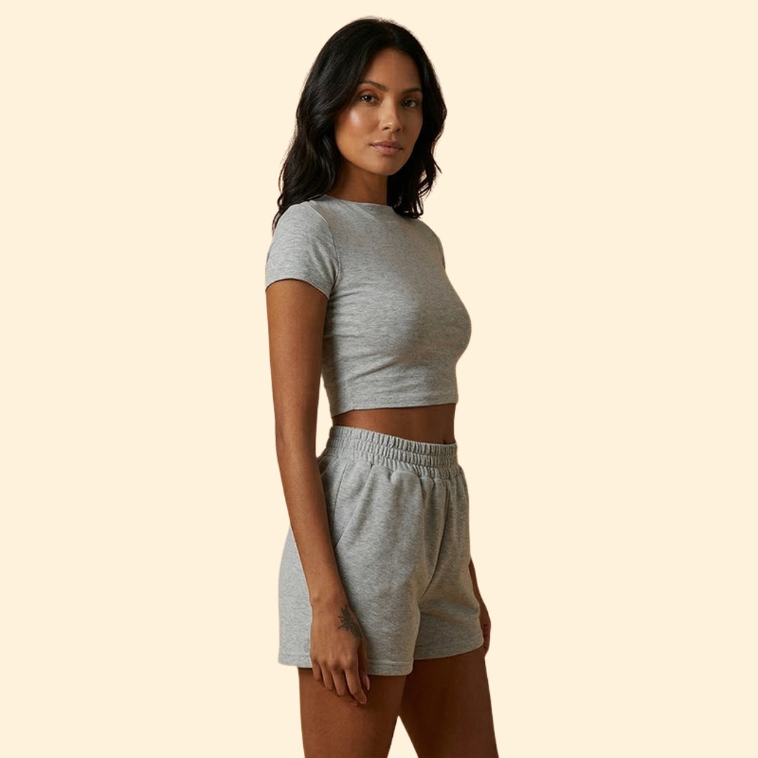 Women’s Short Sleeve Crop Top with Elastic Waist Shorts