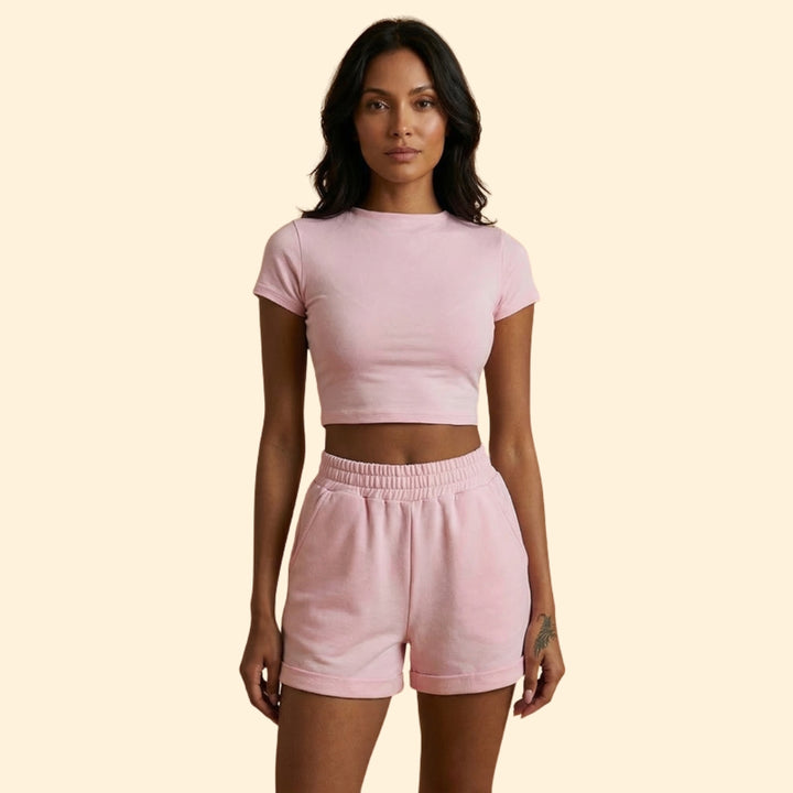 Women’s Short Sleeve Crop Top with Elastic Waist Shorts