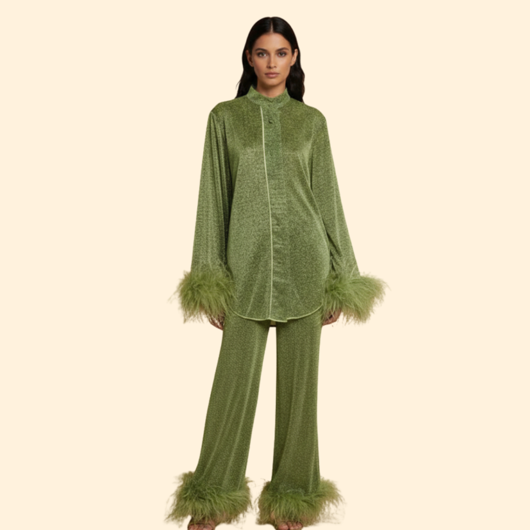 Women’s Two-Piece Set with Feather Trim