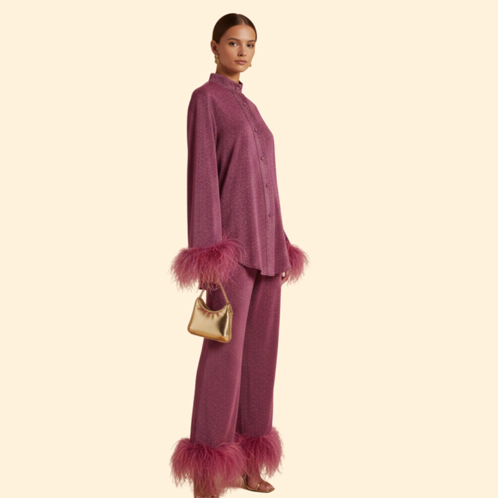 Women’s Two-Piece Set with Feather Trim