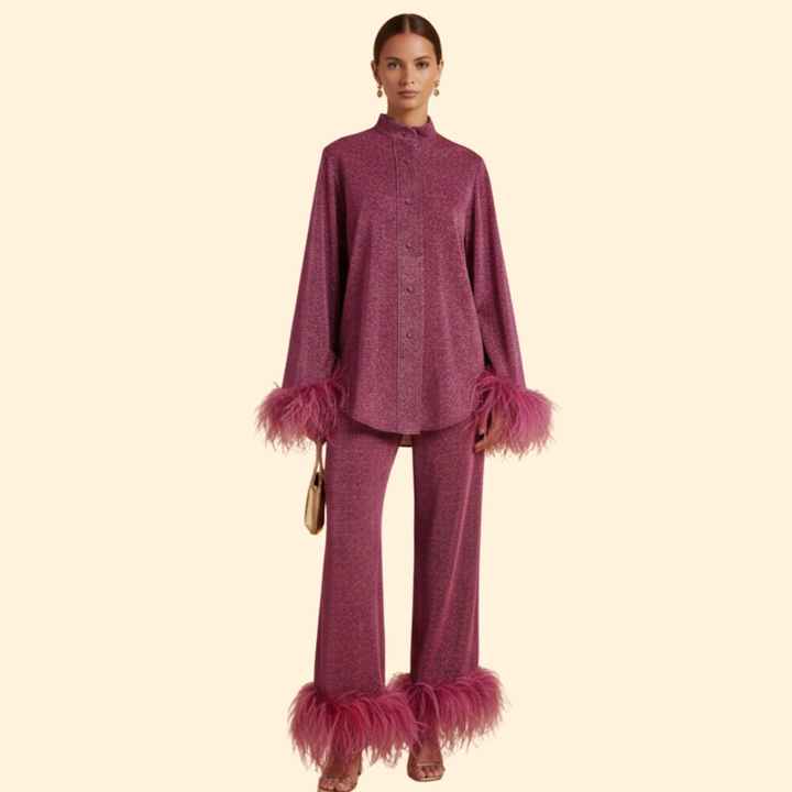 Women’s Two-Piece Set with Feather Trim