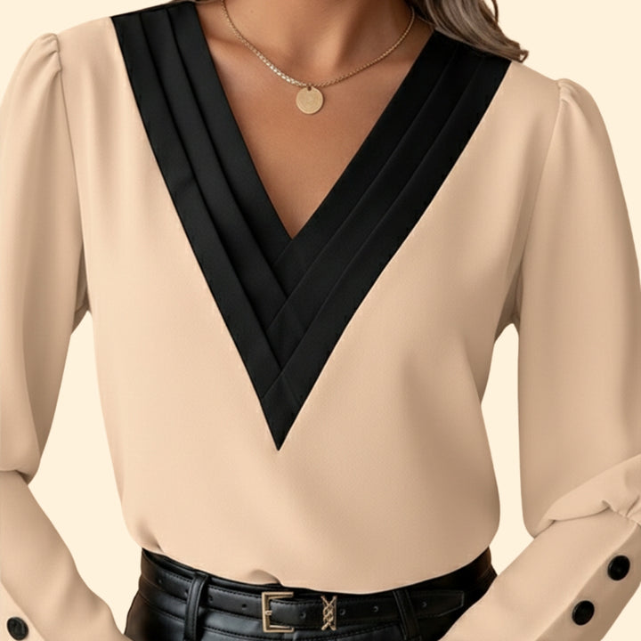 Women’s V-Neck Blouse with Color Block Detail