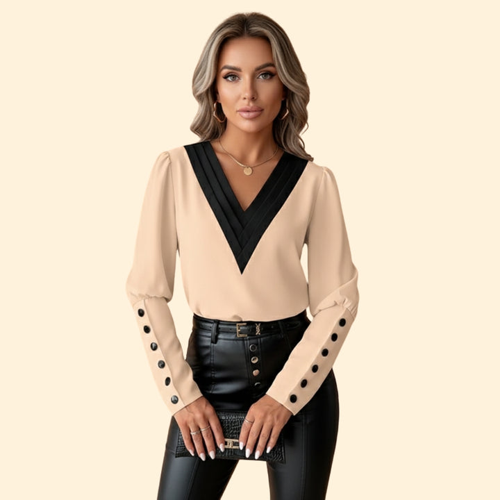 Women’s V-Neck Blouse with Color Block Detail