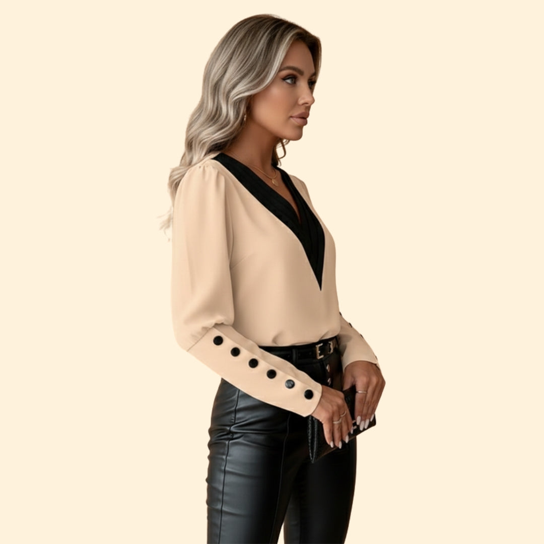 Women’s V-Neck Blouse with Color Block Detail