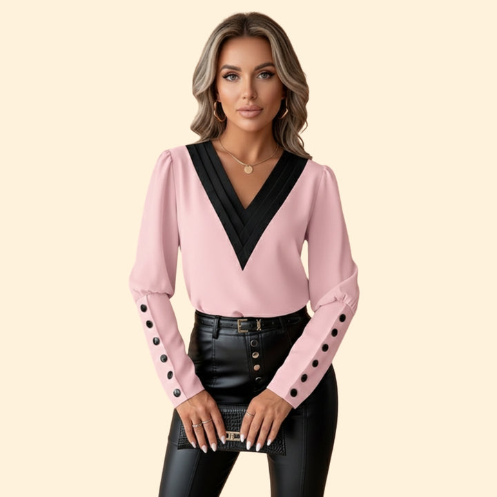 Women’s V-Neck Blouse with Color Block Detail