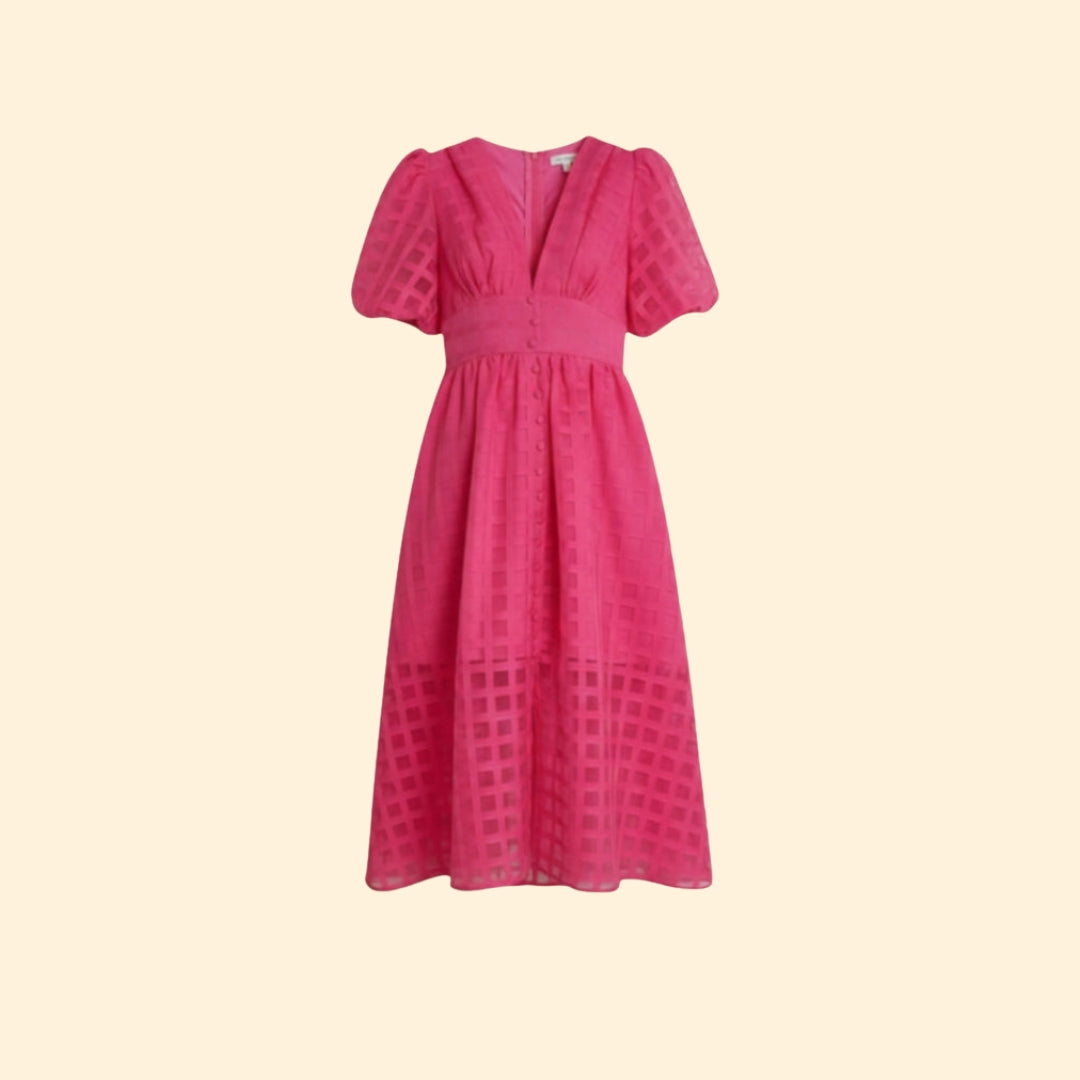 Women’s V-Neck Midi Dress with Grid Pattern
