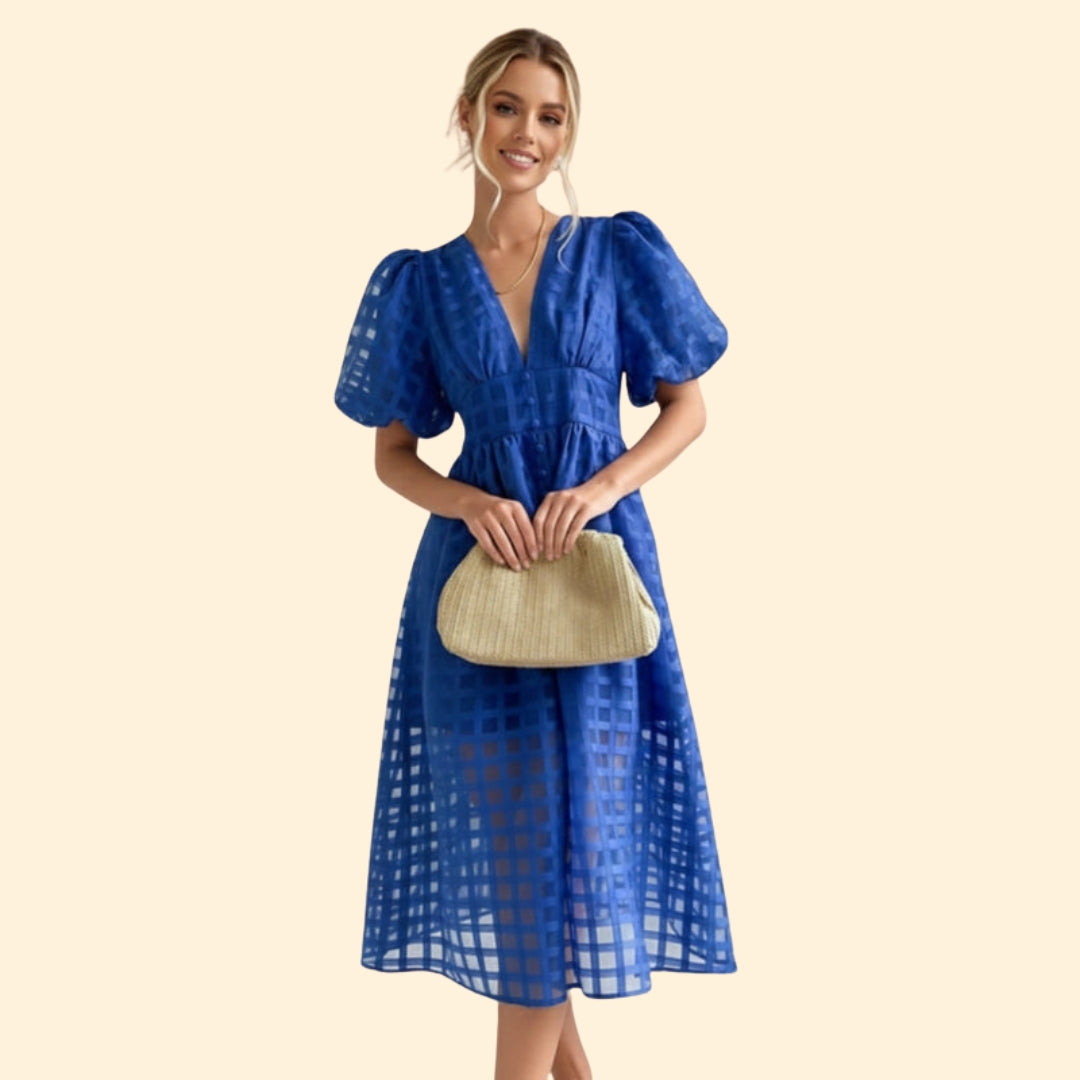 Women’s V-Neck Midi Dress with Grid Pattern