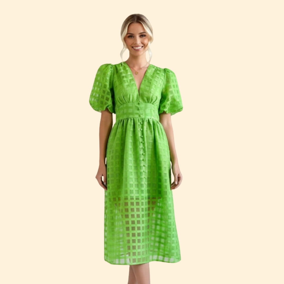 Women’s V-Neck Midi Dress with Grid Pattern