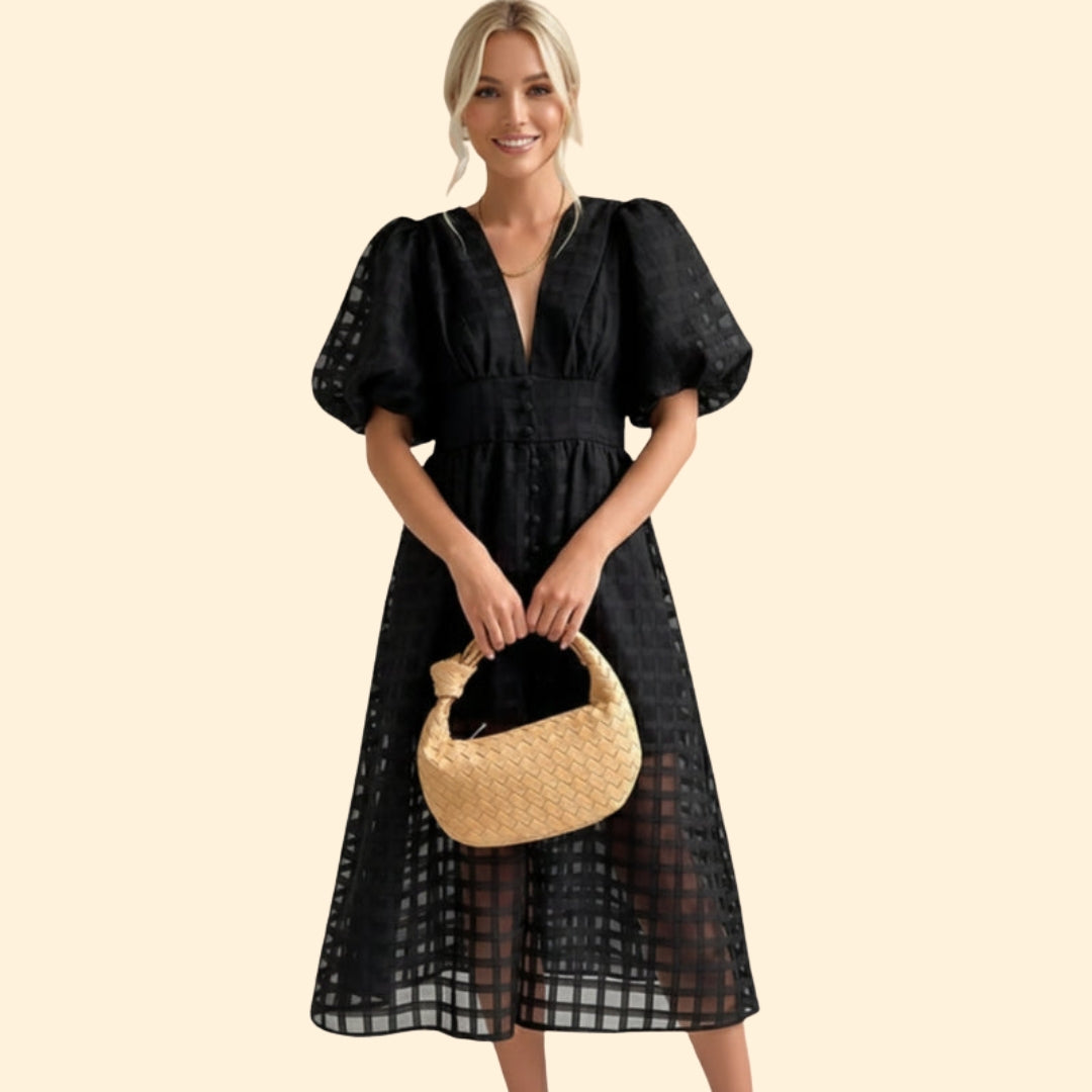 Women’s V-Neck Midi Dress with Grid Pattern