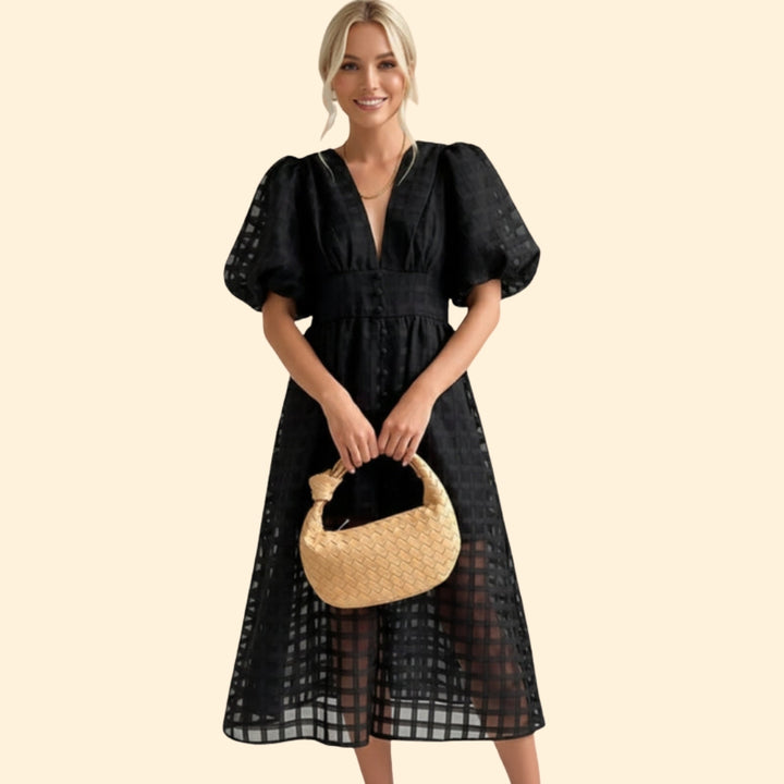 Women’s V-Neck Midi Dress with Grid Pattern