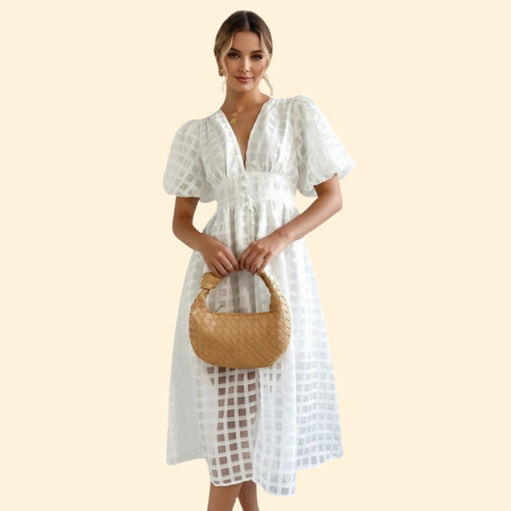Women’s V-Neck Midi Dress with Grid Pattern