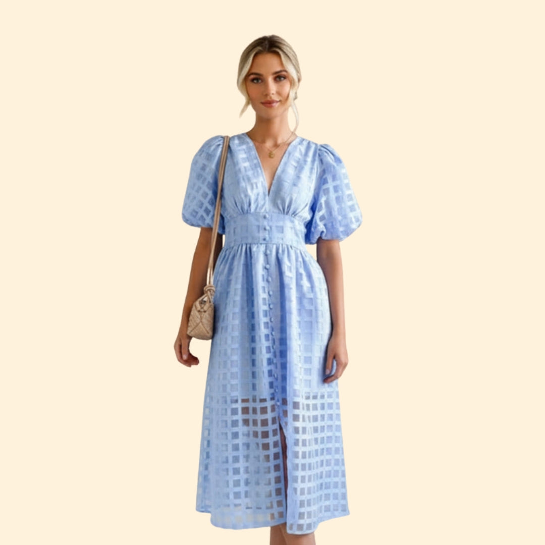 Women’s V-Neck Midi Dress with Grid Pattern