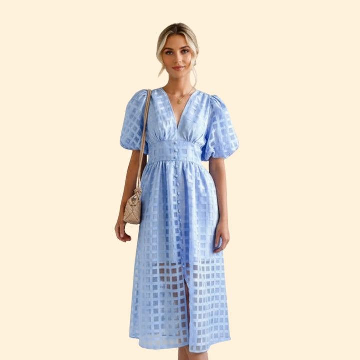 Women’s V-Neck Midi Dress with Grid Pattern