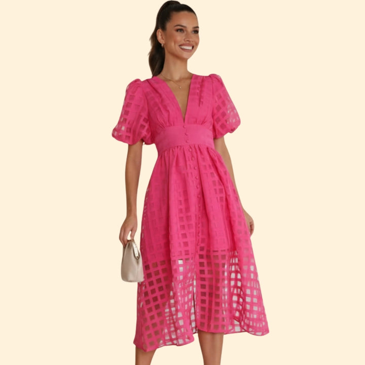 Women’s V-Neck Midi Dress with Grid Pattern
