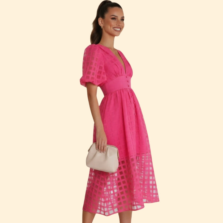 Women’s V-Neck Midi Dress with Grid Pattern