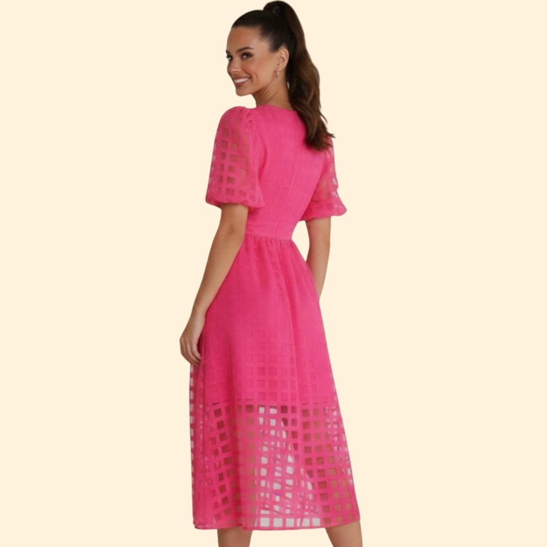 Women’s V-Neck Midi Dress with Grid Pattern