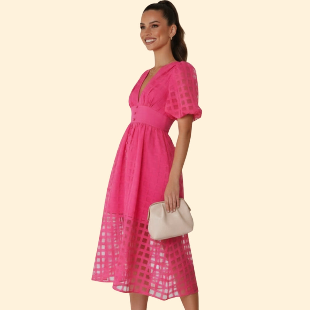 Women’s V-Neck Midi Dress with Grid Pattern