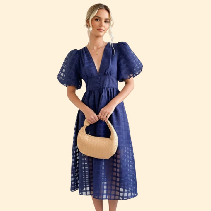 Women’s V-Neck Midi Dress with Grid Pattern