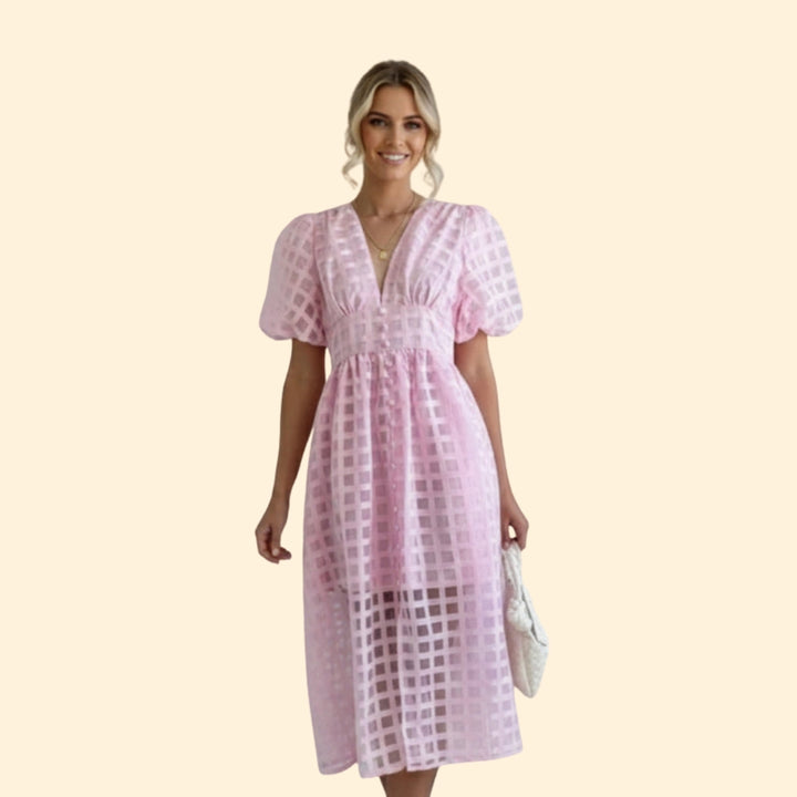 Women’s V-Neck Midi Dress with Grid Pattern