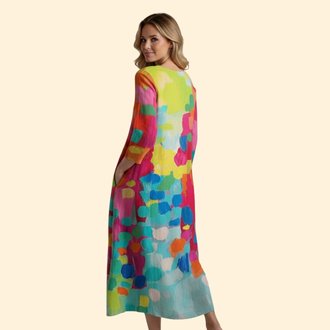 Women’s V-Neck Summer Dress with Colorful Print